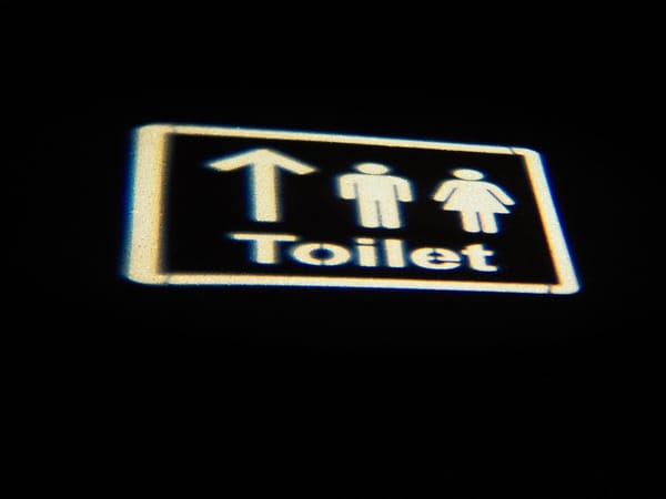 A projected directional sign pointing the way to the toilet.