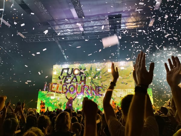 The Flaming Lips on stage in front of a rapturous crowd at Festival Hall, Melbourne.