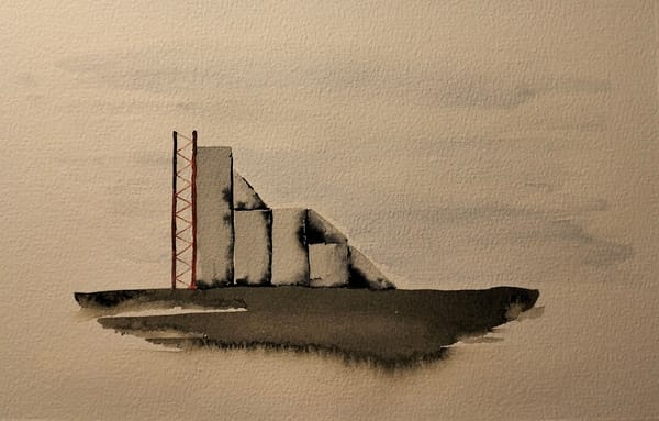 A watercolour painting of an imaginary floating landscape with building blocks